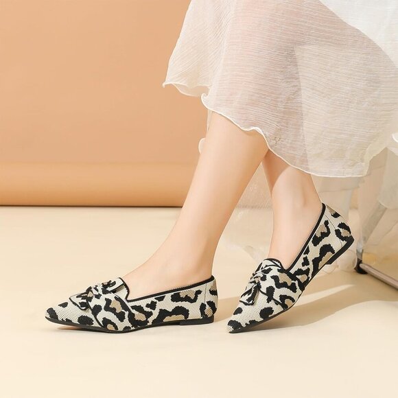Women's Bow Comfortable Pointed Toe Ballet Flats Knit Dressy Flats Leopard Print - Picture 4 of 5
